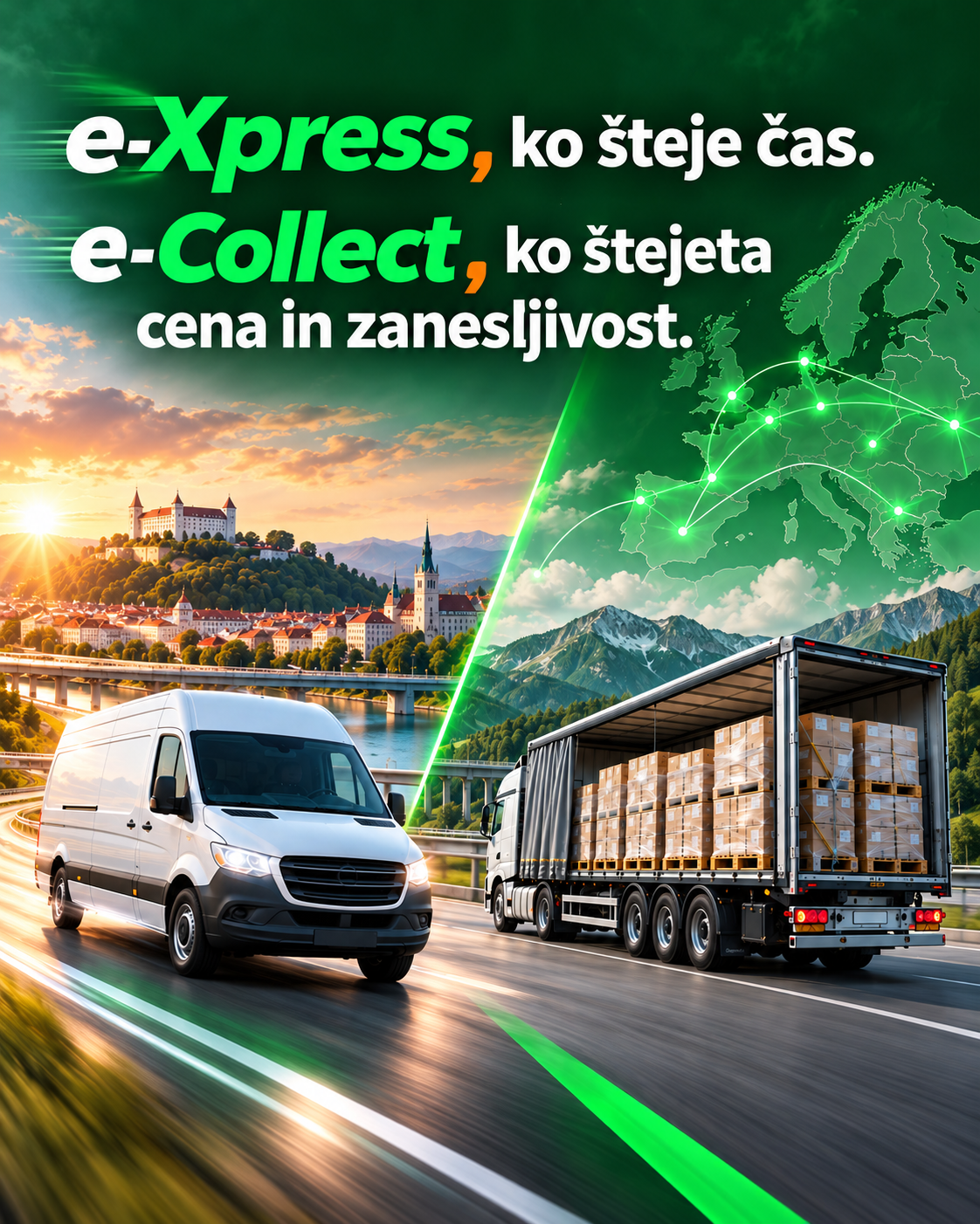 Dosedanja promocijska grafika e-Xpress in e-Collect za cestne povezave po Evropi