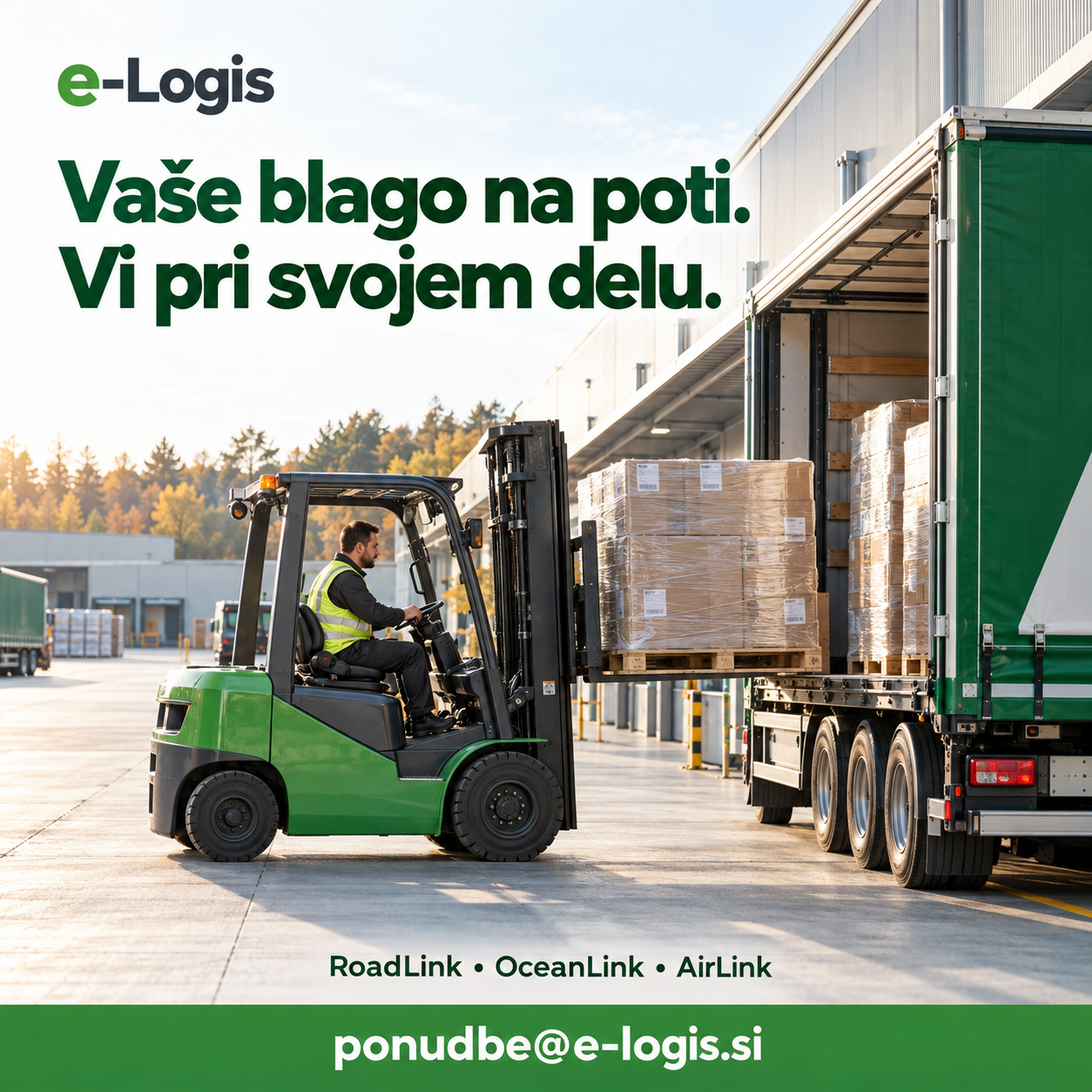 e-Logis promotional illustration: loading pallets onto a truck, with RoadLink, OceanLink and AirLink services